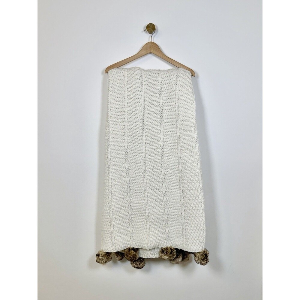 Pottery Barn White Chunky Knit Faux Fur Pom Pom Trim Throw Blanket 50”x60” - Picture 2 of 7